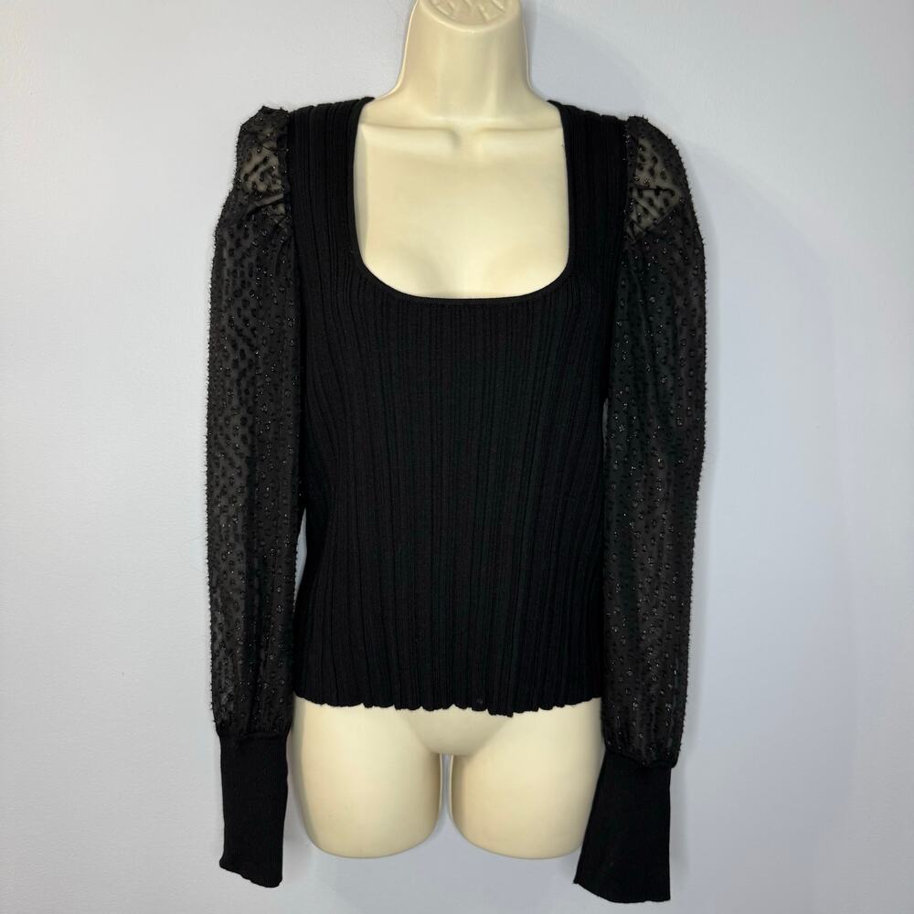Anthropologie Sweater Top Ribbed Square Neck Puff Sleeves Shimmer Black XLP New